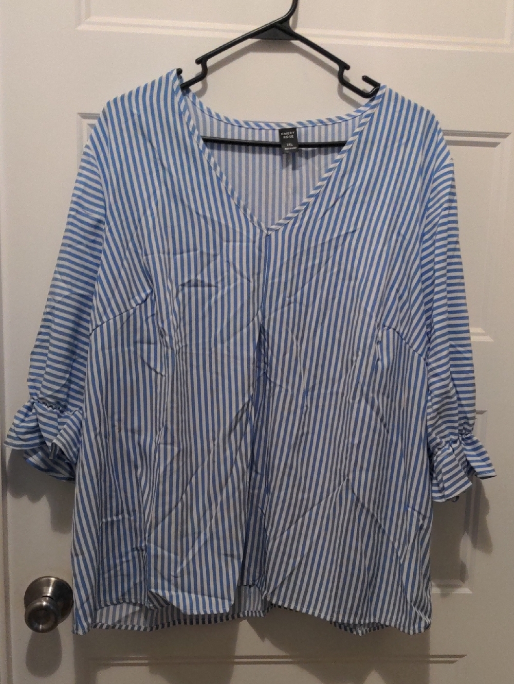 Emery Rose SHEIN Blue White Striped V-Neck Blouse 2XL
